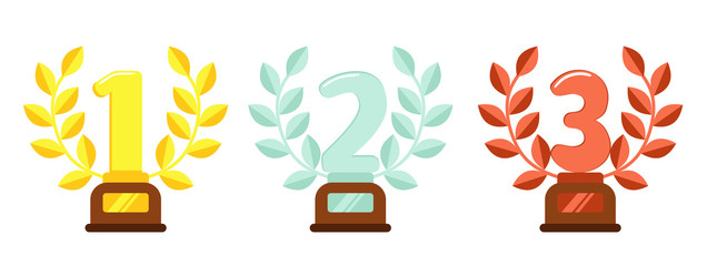 Prize trophies. Golden first place cup award, silver laurel wreath and awards bronze trophies. Trophy cups, winners awarding prize or sport rewards flat illustration