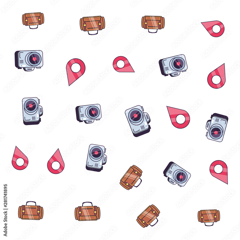Poster pattern of camera with suitcase and pin location