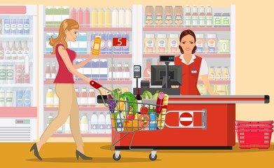 People Shopping in supermarket. woman cashier in supermarket. Cash register, Cashier and buyer with cart. Vector illustration in flat style
