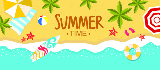 Fototapeta na wymiar Vector summer beach with beach umbrellas, waves, coconut tree and surfing board. Summer banner vector illustration, Top view of Summer beach with sun umbrella, yellow rubber ring, picnic mat.