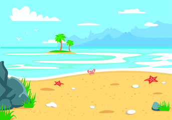 Vector cartoon style background of sea shore with colorful seashells. Good sunny day. Cartoon summer beach. Paradise nature vacation, ocean or sea seashore. Seaside landscape, tropical beach relax