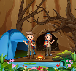 Young scout in the camping zone scene