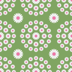 Fototapeta na wymiar Pink daisy seamless pattern. Beautiful daisy flowers on a green background. For fabric, cloth, backdrop, textile, texture, wallpaper, web sites etc. EPS-10 vector, printable CMYK colors.
