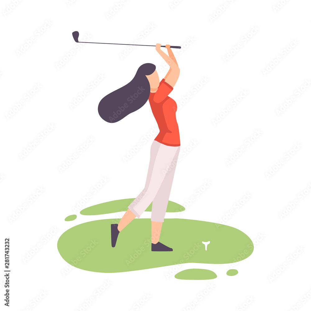 Sticker Young Brunette Woman Striking Ball with Club, Female Athlete Playing Golf on Course with Green Grass, Outdoor Sport or Hobby Vector Illustration