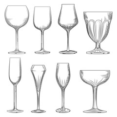 Different wine glass. Hand drawn empty sparkling, champagne and wine