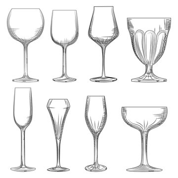 Different wine glass. Hand drawn empty sparkling, champagne and wine