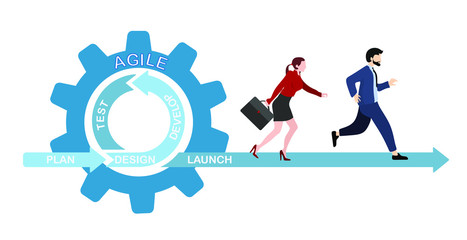 Agile development team. Professional business teamwork, flexible management and workflow projects plan vector illustration. Businesswoman in agile methods concept. Detail with the schedule.