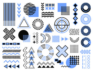 Memphis design elements. Retro funky graphic, 90s trends designs and vintage geometric print illustration element. Constructivism memphis vector isolated symbols collection. Circles, lines, triangles