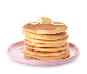 Fototapeta na wymiar Tasty pancakes with butter on white background