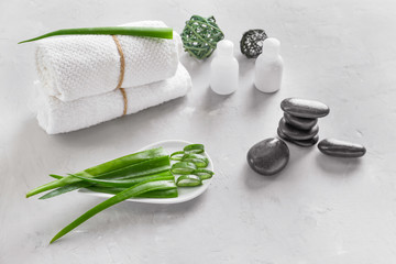 Spa composition with aloe vera on light background