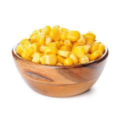 Bowl with corn kernels on white background