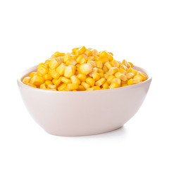 Bowl with corn kernels on white background