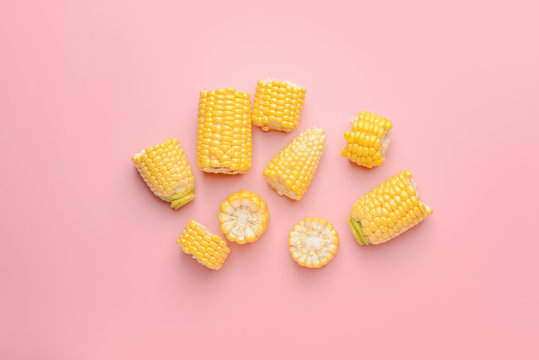 Fresh Cut Corn Cob On Color Background