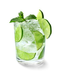 Glass of fresh mojito on white background
