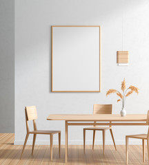 Mock up poster frame in Scandinavian style dining room with wooden chairs and table.  Minimalist dining room design. 3D illustration.
