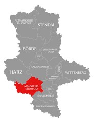 Mansfeld Suedharz red highlighted in map of Saxony Anhalt Germany DE