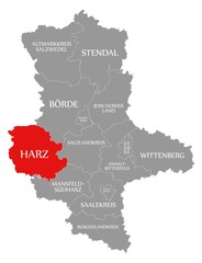 Harz red highlighted in map of Saxony Anhalt Germany DE