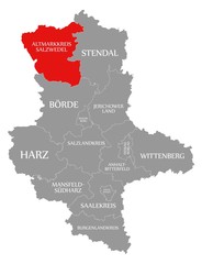 Altmarkkreis Salzwedel red highlighted in map of Saxony Anhalt Germany DE