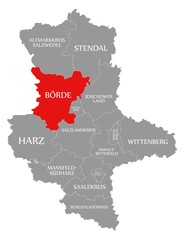 Boerde red highlighted in map of Saxony Anhalt Germany DE