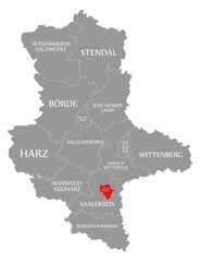 Halle an der Saale red highlighted in map of Saxony Anhalt Germany DE