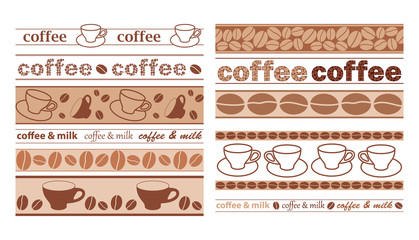 brown seamless borders with coffee grains and cups - vector set