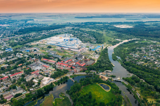 Dobrush, Gomel Region, Belarus. Aerial View Of Old And Modern Paper Factory. Historical Heritage In Bird's-eye View
