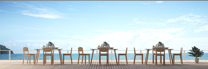 3D Rendering : illustration of dining room interior. dinner or lunch table set in restaurant of beach resort or hotel. luxury lifestyle foodcourt. sea view eating dining room. daylight. summer travel