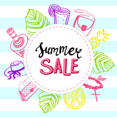 Summer sale, banner template with lettering. Accessories for women. Seasonal discounts and total sale. Jewelry, perfume, wear, bags and woman stuff. Fashion theme. Stock vector illustration