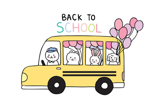 Cartoon cute back to school animals and school bus vector.