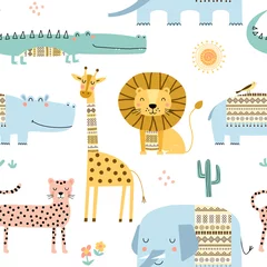Fotobehang Scandinavische stijl Naadloos kinderachtig patroon met schattige Afrikaanse dieren. Scandinavische stijl kindertextuur voor stof, verpakking, textiel. Vector illustratie.