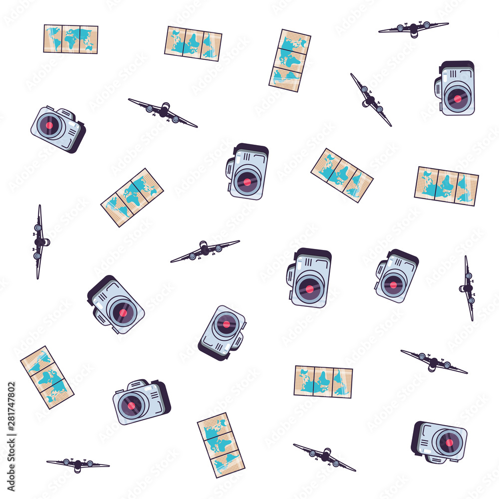 Poster pattern of camera with map paper and airplane