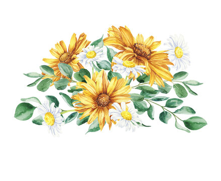 Beautiful floral hand drawn watercolor bouquet illustration, bunch of yellow flowers with daisies and eucalyptus isolated on white background. Can be used for invitations or wedding design.
