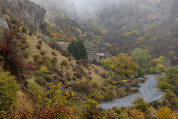 The unique architectural structure of the monastery complex Geghard, Located in the gorge of the mountain river Goght, the right tributary of the Azat river, about 40 km south-east of Yerevan.