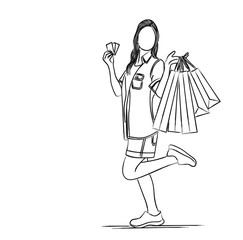 Fashion girl with shopping bag. Flat line art Vector illustration.