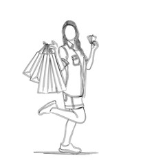 Fashion girl with shopping bag. Flat line art Vector illustration.