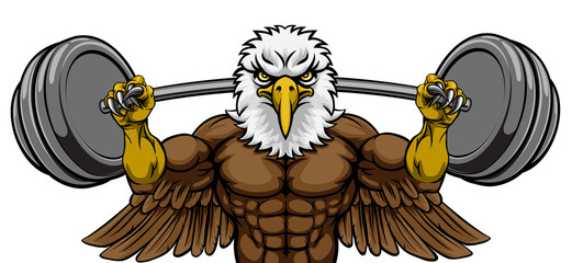 An eagle animal body builder sports mascot weight lifting a barbell