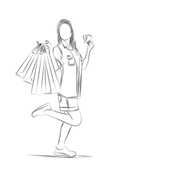 Fashion girl with shopping bag. Flat line art Vector illustration.