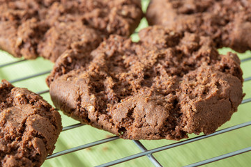 Homemade chocolate cookies biscuits, with chocolate chips, on a metal cooling rack, with a green tablecloth underneath