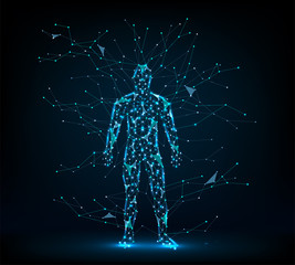 Human body low poly wireframe. Man abstract. Vector illustration in the form of a starry sky or space. Particle explosion.
