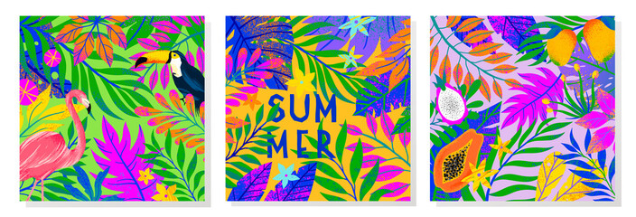 Set of summer vector illustration with bright tropical leaves,flamingo,toucan and exotic fruits.Multicolor plants.Exotic backgrounds perfect for prints,flyers,banners,invitations,social media.