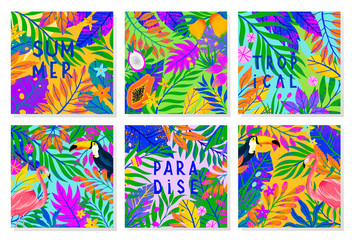 Set of summer vector illustration with bright tropical leaves,flamingo,toucan and exotic fruits.Multicolor plants.Exotic backgrounds perfect for prints,flyers,banners,invitations,social media.