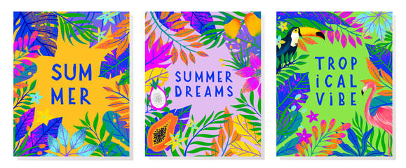 Set of summer vector illustration with bright tropical leaves,flamingo,toucan and exotic fruits.Multicolor plants.Exotic backgrounds perfect for prints,flyers,banners,invitations,social media.