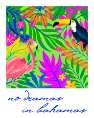 Universal vector illustration with tropical leaves,flamingo and toucan.Multicolor plants with hand drawn texture.Artistic background perfect for web,prints,flyers,banners,invitations,social media.
