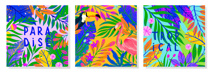 Set of summer vector illustration with bright tropical leaves,flamingo and toucan.Multicolor plants with hand drawn texture.Exotic background perfect for prints,flyers,banners,invitations,social media