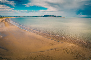  Aerial drone views Irish beach Bull Island, Dublin, Ireland. Irish landscape background. 