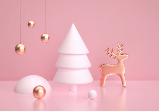 Abstract winter scene with christmas tree and golden deer on pink background