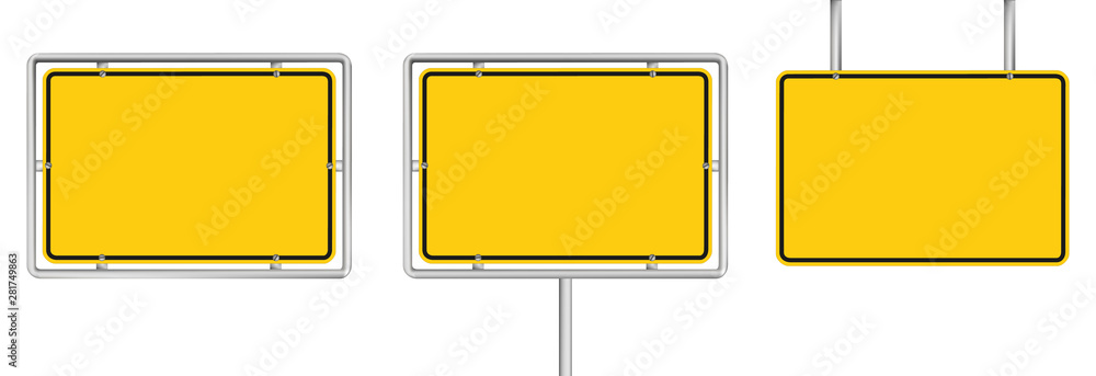 Wall mural set of 3 blank yellow road sign isolated on white