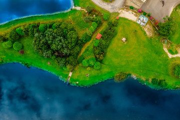 Top view aerial view of fishing lake situated in the Carlow County, Dublin
