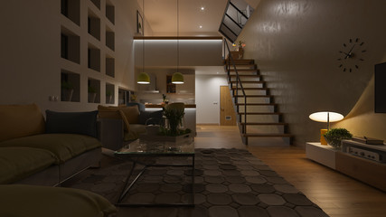 Dimly Illuminated Open Plan House with a Mezzanine at Night 3D Rendering - obrazy, fototapety, plakaty
