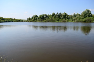 Summer landscape with lake in the field and blue sky.